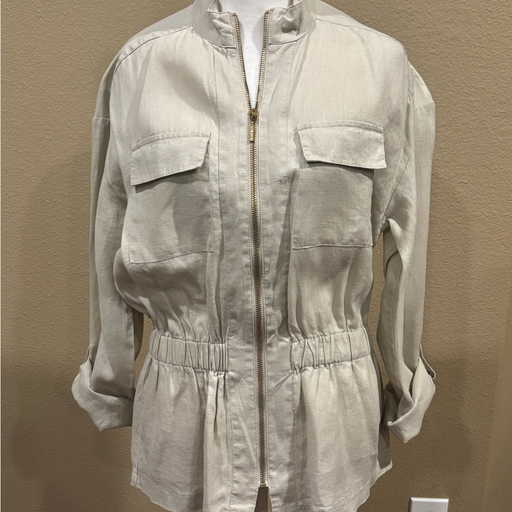 Ellen Tracy Cream Utility Jacket with Full-Length Zipper and Elasticated Waist